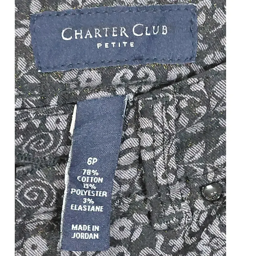 Charter Club Lexington Straight Cotton Blend Black Floral Pants Women Size 6P